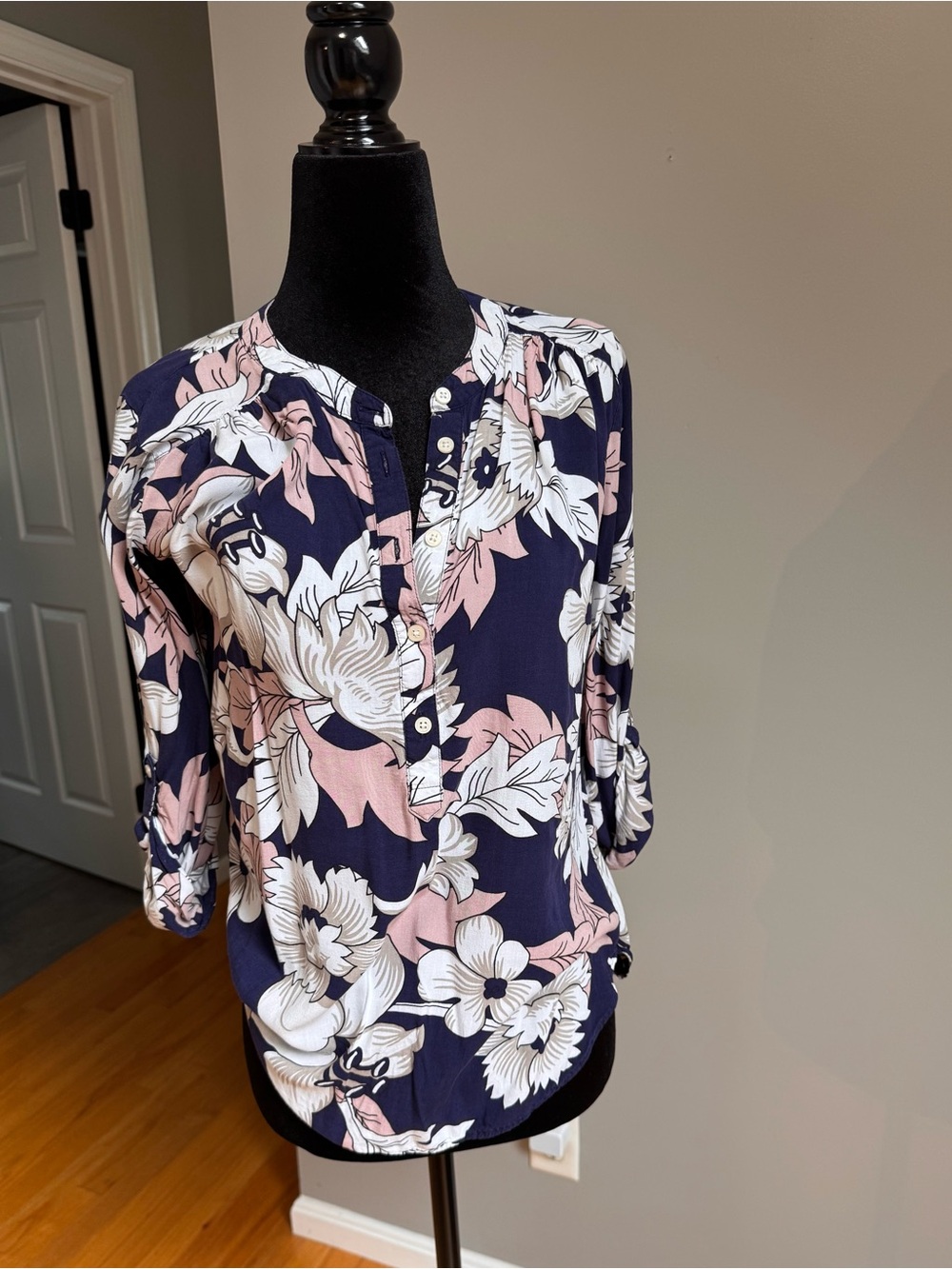 LOFT Navy Floral Henley Tunic with Pink & White Blooms